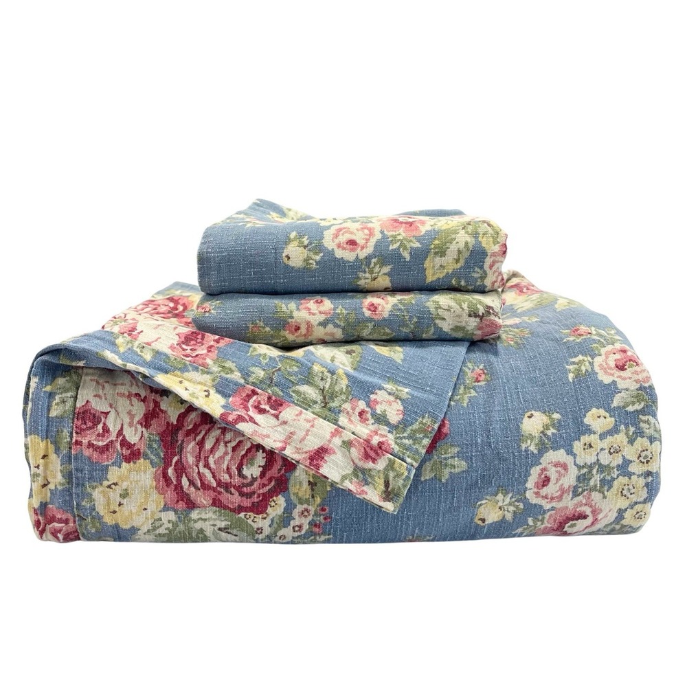 VTG 90s Eddie Bauer Home King Duvet & 2 King Shams Blue Cabbage Rose Cotton